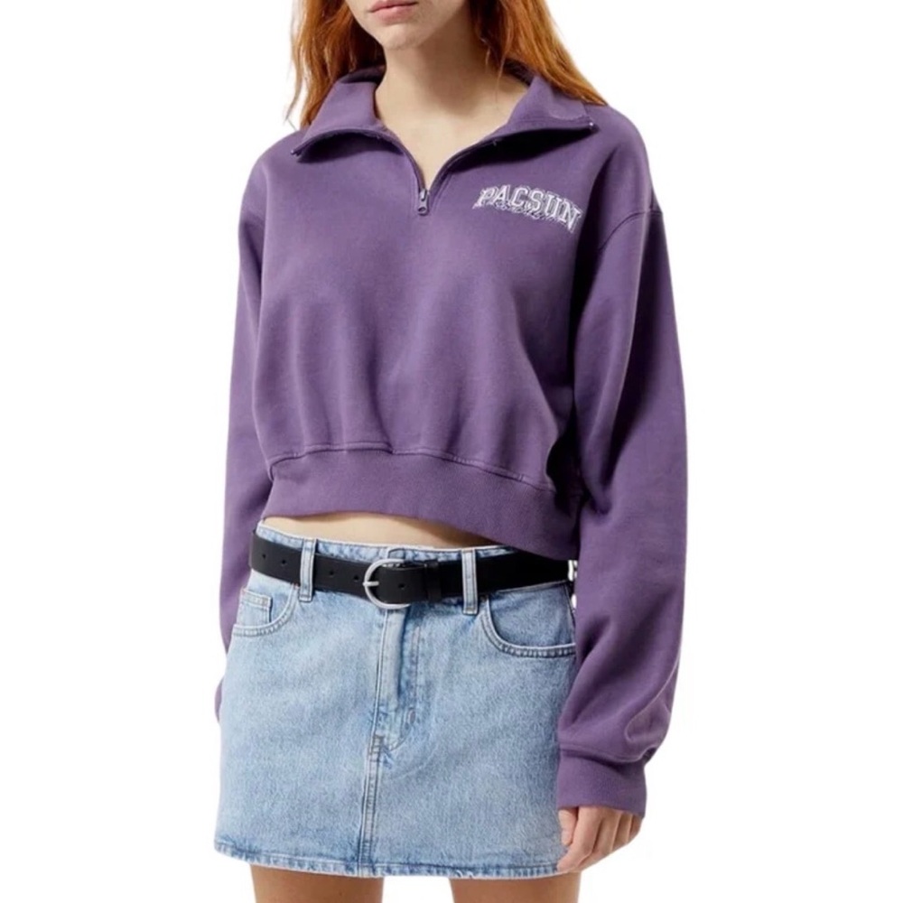 PacSun Women's Los Angeles Half Zip Purple Cropped Sweatshirt size Large